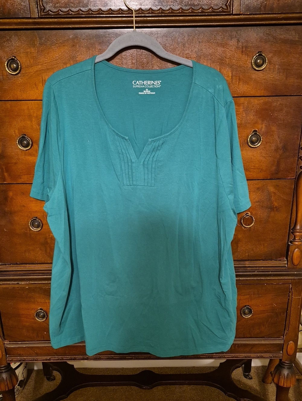 Catherines Teal Short-Sleeve V-Neck Pintuck Top
